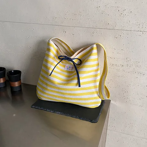 Damen Casual Segeltuch Tragetasche Großes Kapazität Gestreifte Umhängetasche Schleife Kordelzug Pendler Handtasche Tägliche Reise Tasche