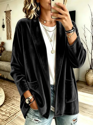 Mujer Casual Color Sólido Terciopelo Dorado Manga Larga Frente Abierto Cárdigan Abrigo Ropa Bolsillos Moda Otoño Invierno