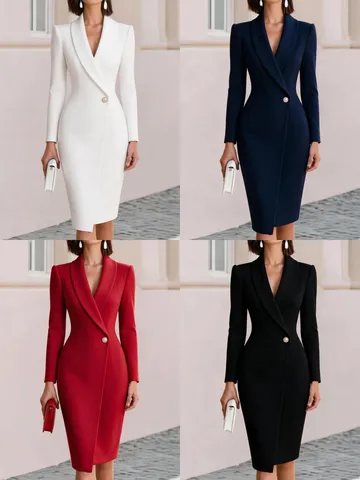 Women's Elegant Long Sleeve Lapel Single Button Bodycon Midi Dress Professional Business Office Party Work Dress