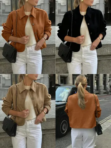 Women's Vintage Faux Suede Blazer Solid Color Long Sleeve Lapel Single-Breasted Slim Fit Jacket Casual Commuter Outerwear