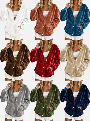 Dames Vintage V-hals Gouden Fluweel Gebreid Vest Losse Lange Mouw Knoopsluiting Trui Top Casual Effen Jas