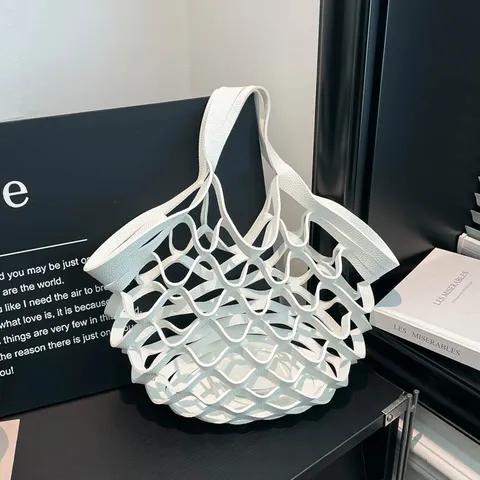 Bolso de Mano Tejido Hueco de Cuero PU Informal para Mujer Diseño Liso Minimalista Bolso Plegable para Compras Diario