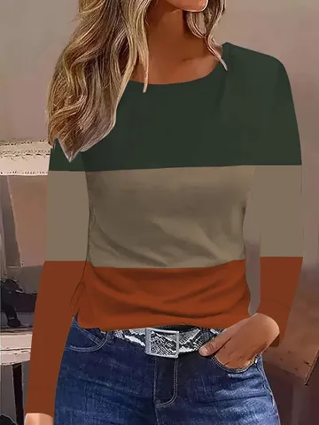 Dames Casual Kleurblok Pullover Sweatshirt Lange Mouwen Patchwork Ronde Hals Losse Top Voor Lente Herfst Mode