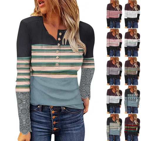 Camiseta Informal de Mezcla de Algodón para Mujer Manga Larga Cuello Henley de Punto Acanalado Patchwork a Rayas Con Puños de Encaje