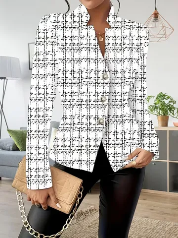 Women's Plaid Print Slim Fit Blazer Notched Lapel Three Button Casual Office Suit Jacket Elegance Polyester Outerwear Top