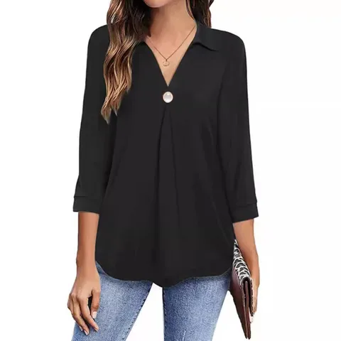 Women Casual Polyester Blouse Shirt Lapel V Neck Single Button Top Short Sleeve Solid Color Elegant Office Work Wear