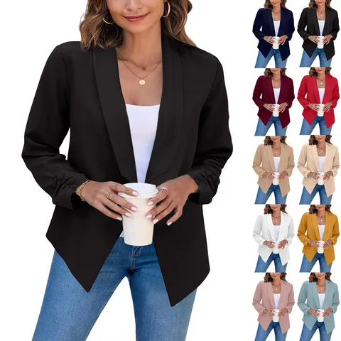 Women's Fashion Double Layered Lapel Blazer Jacket Slim Fit Long Pleated Sleeve Open Front Suit Coat For Office Lady Commute Casual Outerwear