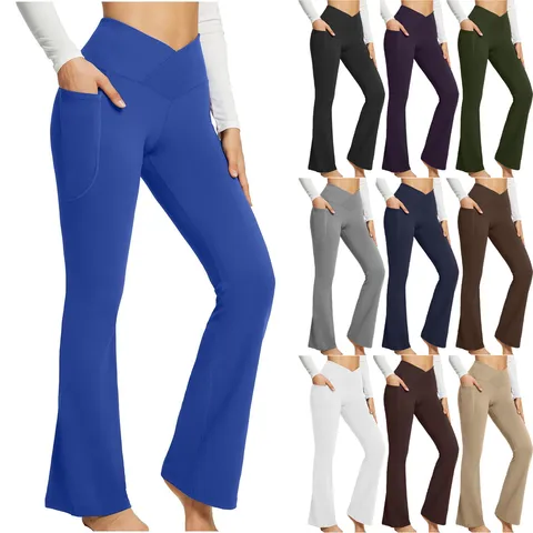 Women High Waist Cross V Waist Flared Yoga Pants Cotton Bootcut Leggings With Pockets Solid Color Casual Slim Workout Trousers