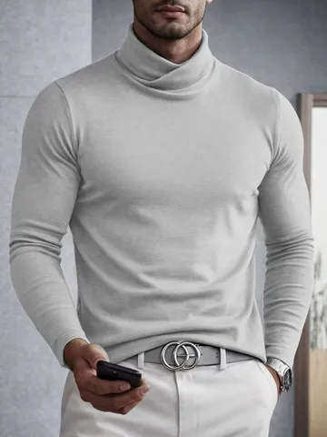 Men's High Neck Cross Wrap T-Shirt Slim Fit Long Sleeve Base Layer Solid Color Autumn Winter Top
