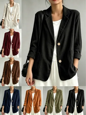 Blazer Casual da Donna in Velluto a Coste Vintage Revers Monopetto Tinta Unita Capispalla per Autunno Inverno Ufficio Donna Top