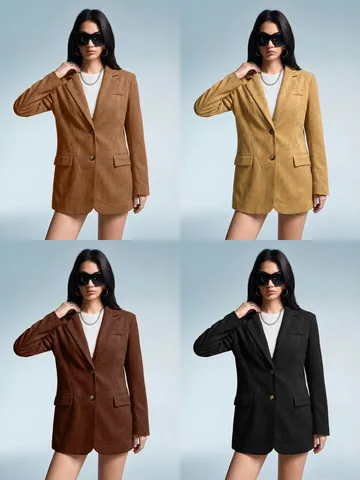 Women Fashion Suede Blazer Solid Color Lapel Button Patchwork Jacket Elegant Commuter Outerwear Casual Office Coat For Ladies