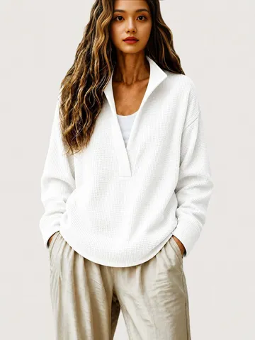 Women Deep V-Neck Ribbed Knit Sweater Elegant Loose Fit Long Sleeve Pullover Casual Solid Color Commuting Knitwear Top