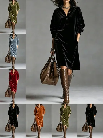 Vestido Midi de Terciopelo de Otoño Invierno para Mujer Casual Solapa Botones Manga Larga Vestido de Terciopelo Recto Suelto para Diario