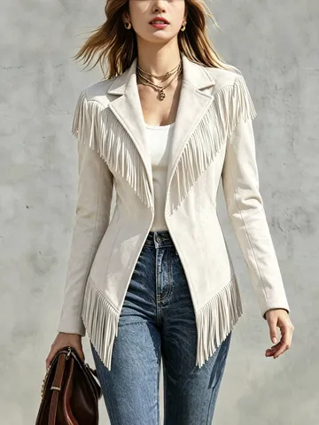 Women Faux Suede Fringed Jacket Lapel Long Sleeve Slim Fit Vintage Western Style Crop Top Outerwear Casual Fashion