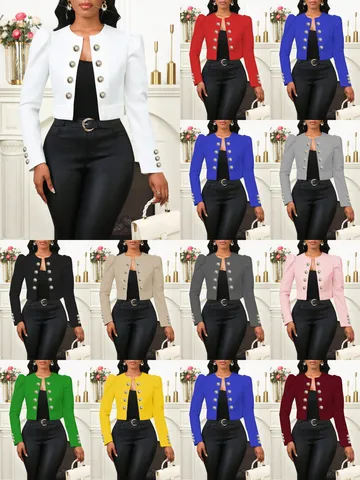 Blazer Court pour Femme Coupe Cintrée Col Rond Double Boutonnage Manches Longues Cardigan Élégant Style Commuter Manteau en Polyester