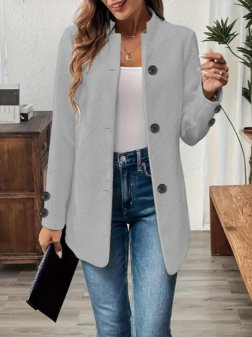 Women Plus Size Casual Coat Stand Collar Single Breasted Long Sleeve Textured Outerwear Autumn Winter Fashion Top