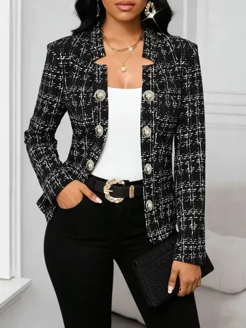Women's Elegant Checkered Slim Fit Blazer Double Breasted Lapel Long Sleeve Plaid Jacket Office Lady Suit Outerwear