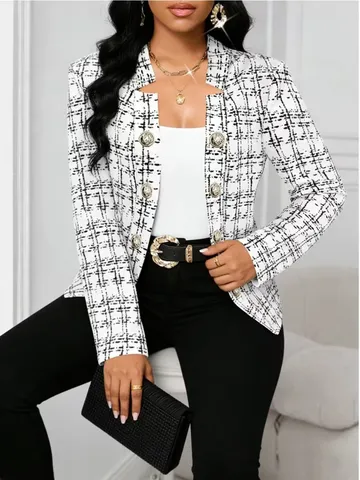 Women's Elegant Checkered Slim Fit Blazer Double Breasted Lapel Long Sleeve Plaid Jacket Office Lady Suit Outerwear