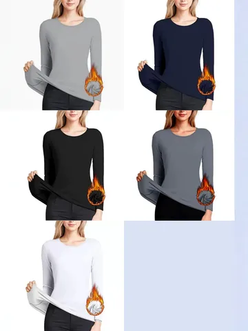 Haut de Couche de Base Thermique Doublé Polaire pour Femmes Coupe Slim Col Rond Manches Longues Maillot de Corps Couleur Unie