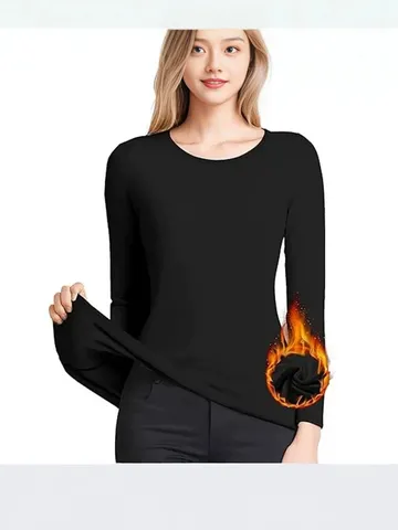 Haut de Couche de Base Thermique Doublé Polaire pour Femmes Coupe Slim Col Rond Manches Longues Maillot de Corps Couleur Unie