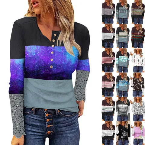 Women's Long Sleeve Henley T-Shirt Cotton Blend Ribbed Knit Button Pullover With Lace Splicing Ethnic Geometric Printed Casual Slim Fit Top