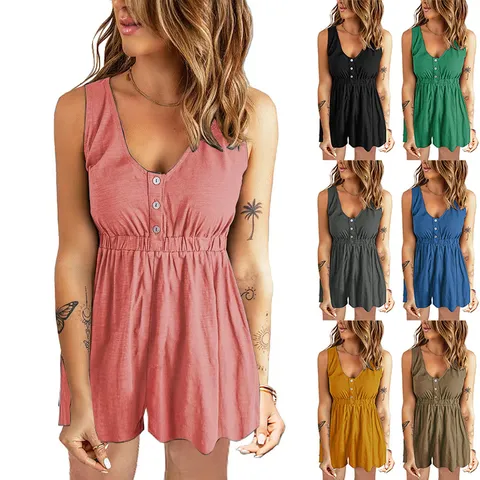 Combinaison Romper Décontractée Sans Manches Col en V à Boutons pour Femme Taille Haute Couleur Unie Tenue d'été Courte Playsuit
