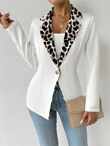 Blazer Femme Élégant Patchwork Léopard Col à Revers Couleur Unie Manches Longues Coupe Ajustée Décontracté Veste Haut