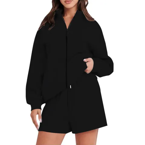 Women's Fashion Solid Color Zipper Hoodie And Shorts Top And Bottom Thick Polyester Casual Streetwear Long Sleeve Sweatshirt Two-Piece Apparel