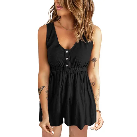 Combinaison Romper Décontractée Sans Manches Col en V à Boutons pour Femme Taille Haute Couleur Unie Tenue d'été Courte Playsuit