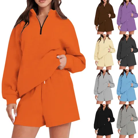 Tuta da Donna Tinta Unita Top E Bottom Con Mezza Zip Felpa a Maniche Lunghe E Pantaloncini Set Sportivo Casual a Due Pezzi