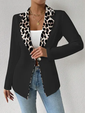 Blazer Femme Élégant Patchwork Léopard Col à Revers Couleur Unie Manches Longues Coupe Ajustée Décontracté Veste Haut
