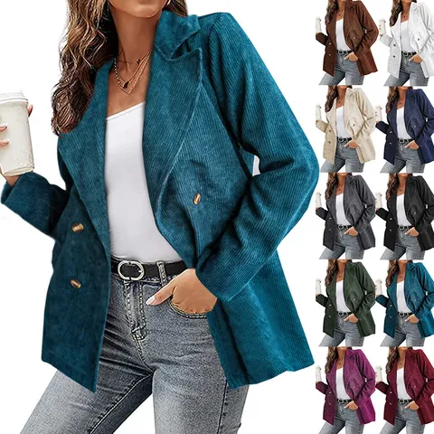 Chaqueta Americana de Pana Casual para Mujer Doble Botonadura Solapa Manga Larga Color Sólido Patchwork Ropa de Otoño Invierno Moda Top