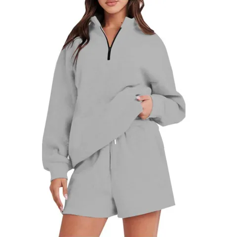 Tuta da Donna Tinta Unita Top E Bottom Con Mezza Zip Felpa a Maniche Lunghe E Pantaloncini Set Sportivo Casual a Due Pezzi