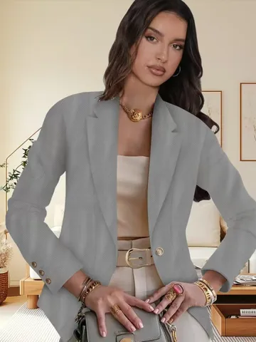 Elegant Women's Jacquard Blazer Slim Fit Cotton Blend Suit Jacket Waist Cuff Buckle Gray Office Commute Outerwear For Women