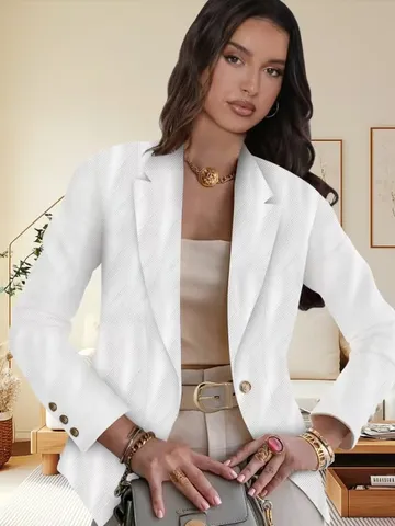 Elegant Women's Jacquard Blazer Slim Fit Cotton Blend Suit Jacket Waist Cuff Buckle Gray Office Commute Outerwear For Women