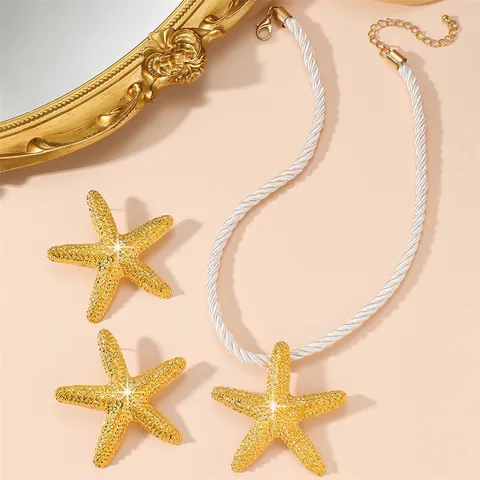 Exaggerated Alloy Rhinestone Ocean Starfish Conch Sunflower Pendant Necklace Earrings Jewelry Set For Women Beach Vacation Party