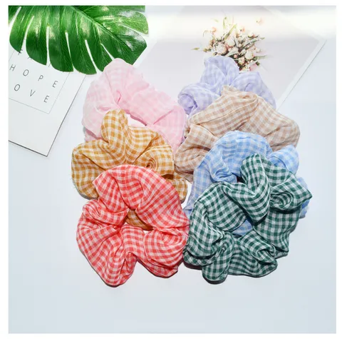 Dames Geruit Haarelastiekje Chiffon Gaas Fijn Patroon Haarelastiek Elastische Stof Haarband Haartouw Hoofddeksel Accessoires Voor Vrouwen