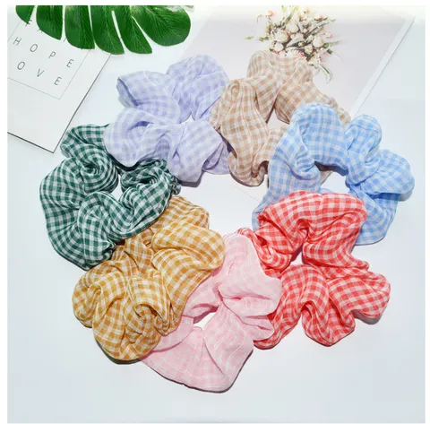 Dames Geruit Haarelastiekje Chiffon Gaas Fijn Patroon Haarelastiek Elastische Stof Haarband Haartouw Hoofddeksel Accessoires Voor Vrouwen