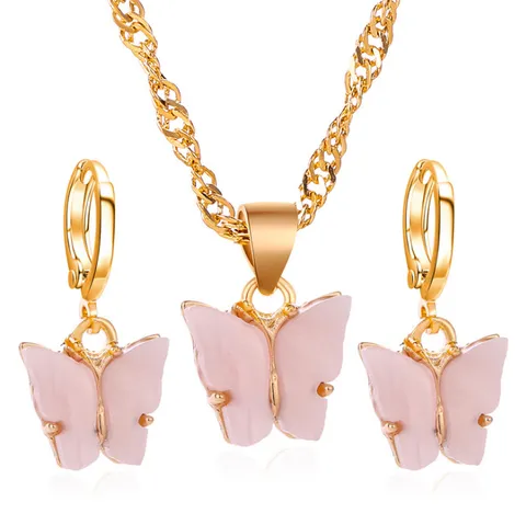 Zoet Legering Acryl Vlinder Sieradenset Koreaanse Stijl Ingelegde Dier Hangers Ketting Oorbellen Set Voor Vrouwen Cadeau