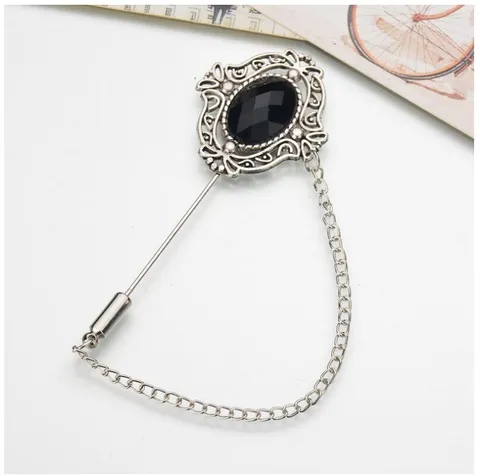 Broche Hueco Tallado de Diamantes de Imitación de Aleación Vintage Cadena de Borlas Pasador Largo Insignia Solapa Plata Antigua Piedra Negra Joyería para Chaqueta Traje Hombres Mujeres