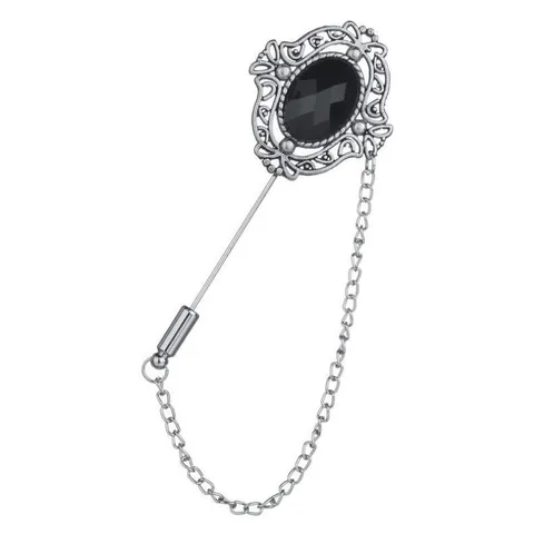 Broche Hueco Tallado de Diamantes de Imitación de Aleación Vintage Cadena de Borlas Pasador Largo Insignia Solapa Plata Antigua Piedra Negra Joyería para Chaqueta Traje Hombres Mujeres