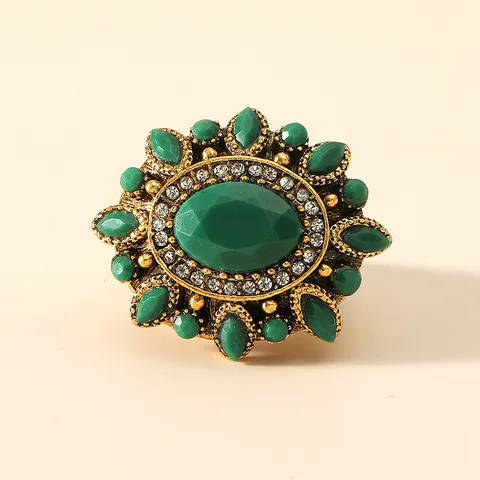 Bague Statement Oversize en Alliage de Bronze Vintage Avec Gemme Verte Style Palais Incrusté de Strass Bague de Mode pour Femme Bijoux
