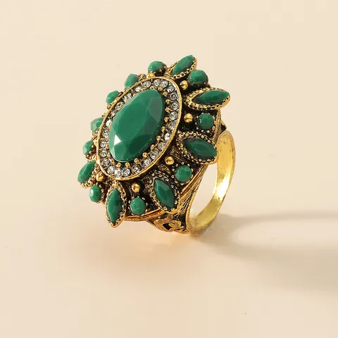 Bague Statement Oversize en Alliage de Bronze Vintage Avec Gemme Verte Style Palais Incrusté de Strass Bague de Mode pour Femme Bijoux