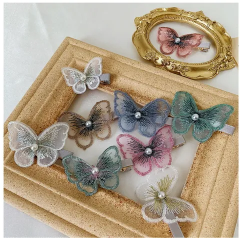 Retro Geborduurde Vlinder Haarspeld Voor Vrouwen Kant Mesh Haarnaald Met Kunstparel Vintage Haaraccessoires
