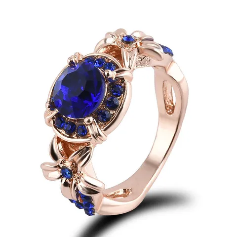 Vintage Bloem Strass Ring Voor Vrouwen Legering Roos Verloving Sieraden Bruiloft Banket Cadeau Rood Blauw Edelsteen Ring