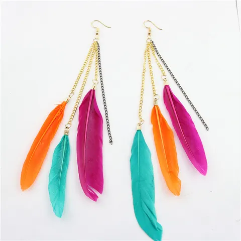 Boho Etnisch Lange Kwastje Natuurlijke Veer Oorbellen Legering Hanger Oorbellen Voor Dames Strand Vakantie Feest Sieraden