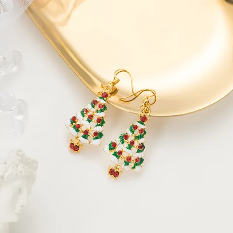 Modische Legierung Strass Weihnachtsbaum Ohrhänger Für Damen Elegante Festliche Emaille Schneeflocke Haken Ohrringe Party Schmuck Geschenk