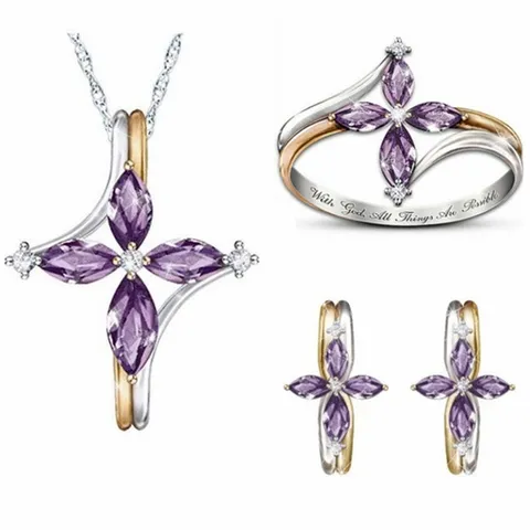 Bicolor Legering Marquise Strass Kruis Sieraden Ketting Ring Oorbellen Vrouwen Religieuze Mode Sieraden Cadeau Accessoires