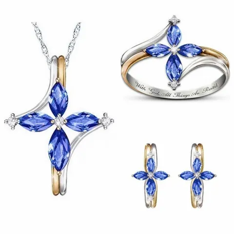 Bicolor Legering Marquise Strass Kruis Sieraden Ketting Ring Oorbellen Vrouwen Religieuze Mode Sieraden Cadeau Accessoires
