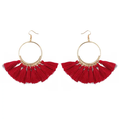 Boheemse Legering Kwastje Hoepel Oorbellen Vintage Etnische Grote Cirkel Hangen Oorbellen Voor Vrouwen Mode Sieraden